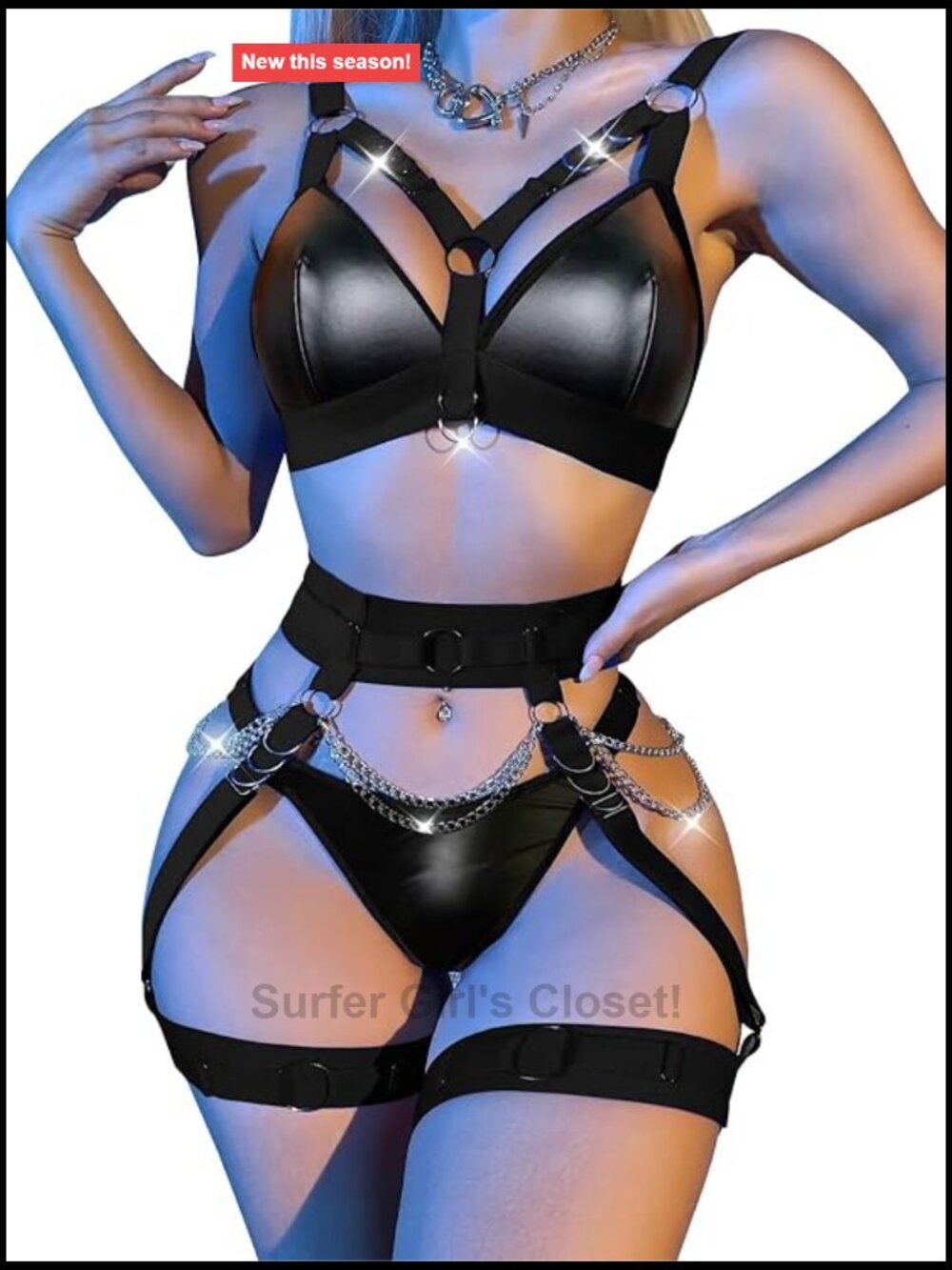 3pc Sexy Lingerie Set Bra Panty Garter Strappy Plus Size Exotic Chain Rave